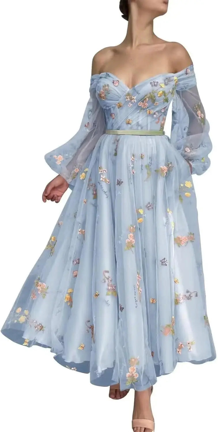 Bridesmaid Dress Long Sleeve Flower Embroidery Lace Tulle Prom Dresses for Women A Line Fairy Maxi Formal Evening Party Gowns