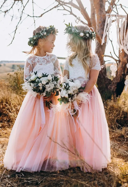 Vestido de niña de las flores Belle Flower Girl, vestido para niña de las flores, vestido de encaje para niña de las flores, falda larga de tul estilo bohemio, vestido de princesa en cascada 