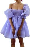 Damen Off-Shoulder Rüschen Flauschig Kurzarm Mesh Party Mini Prinzessin Kleid Kurzes Ballkleid Abschlussballkleid 