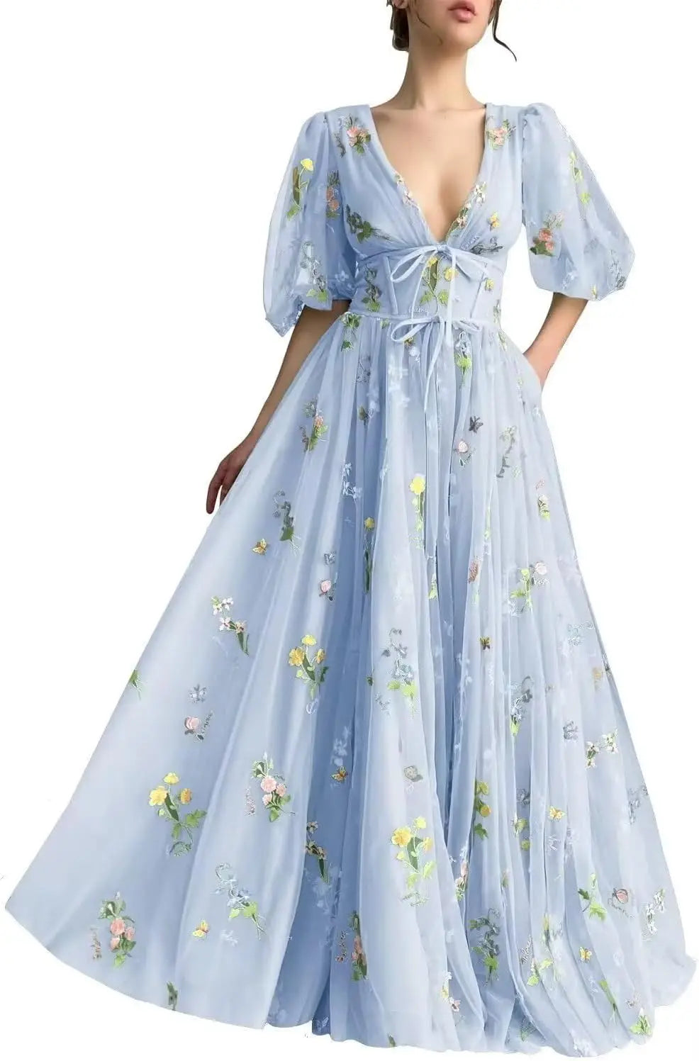 Women's Long Sleeve Flower Embroidery Tulle Prom Dresses Maxi A Line V Neck Fairy Formal Evening Party Gown Bridesmaid Dresses