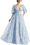 Women's Long Sleeve Flower Embroidery Tulle Prom Dresses Maxi A Line V Neck Fairy Formal Evening Party Gown Bridesmaid Dresses