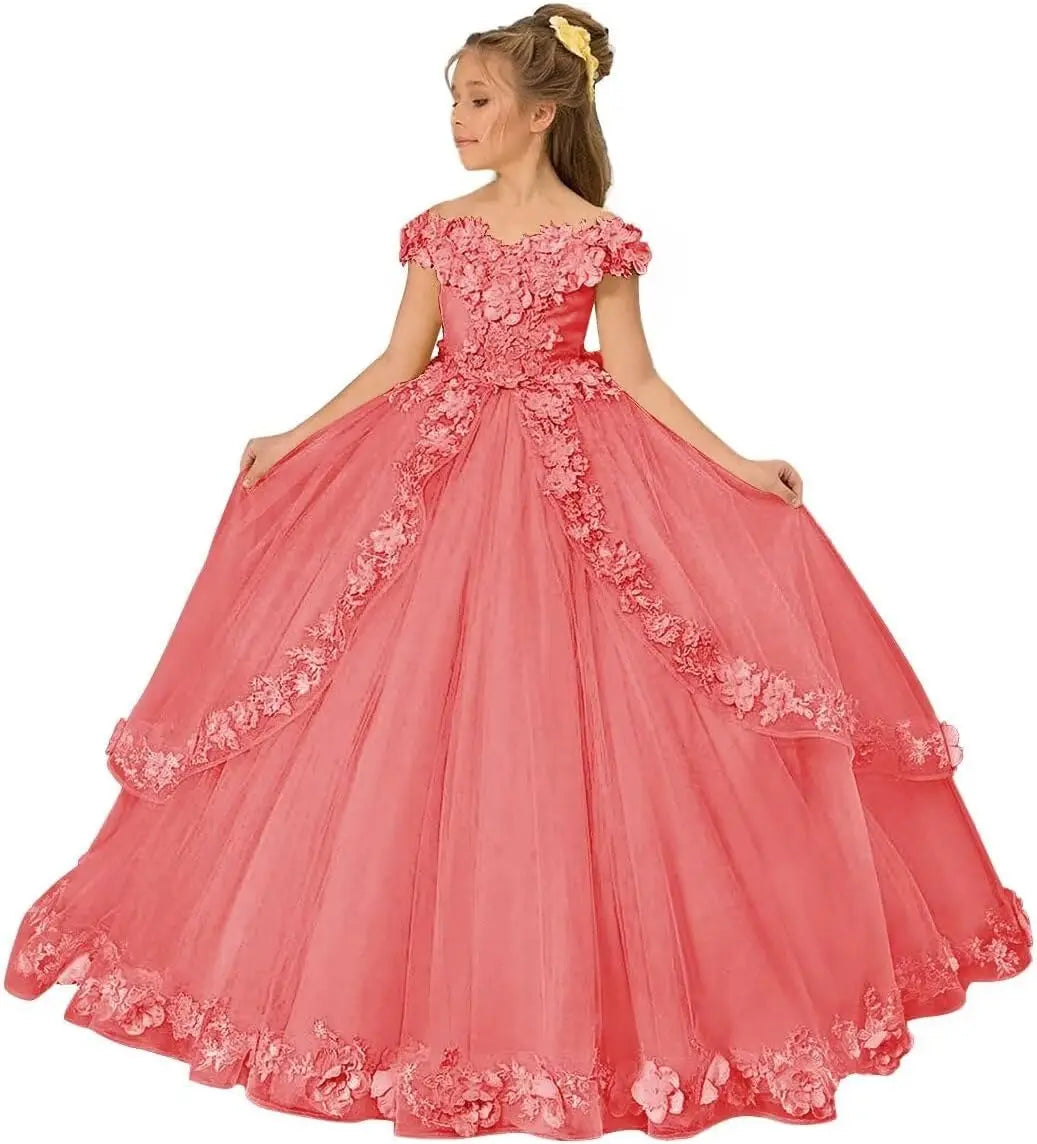 Vestido de tul para niña de las flores, para boda, con hombros descubiertos, para desfile, con flores 3D, estilo princesa, para fiesta 