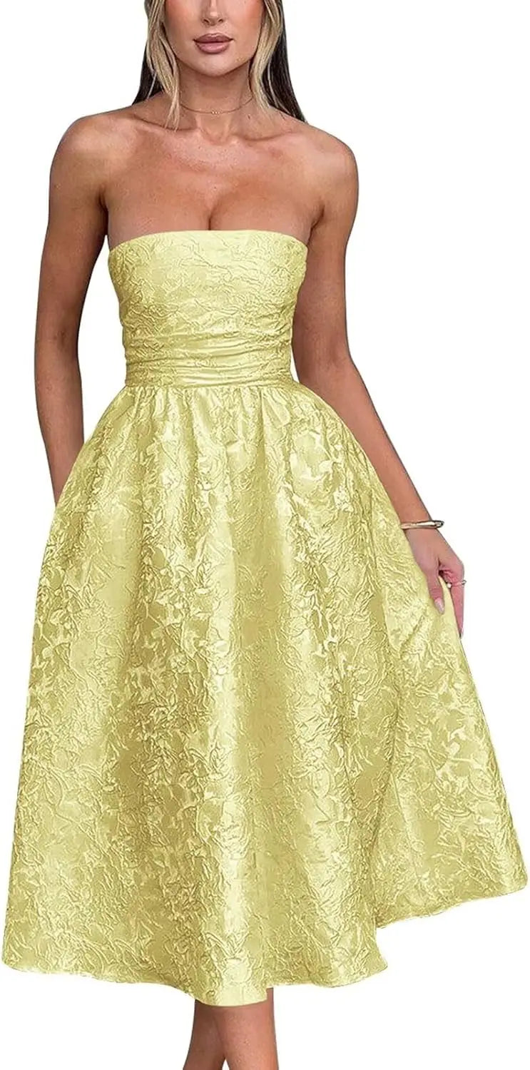 Vestido de fiesta de satén jacquard floral, largo hasta la rodilla, corte A, sin tirantes, con corsé, para dama de honor, para fiesta de noche formal 