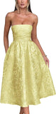 Vestido de fiesta de satén jacquard floral, largo hasta la rodilla, corte A, sin tirantes, con corsé, para dama de honor, para fiesta de noche formal 