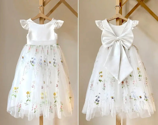 Satin Flower girl dress Lace Tulle White Lace Tulle Girl Baby Satin Lace  Rustic Bohemian Communion dresses princess ball gown