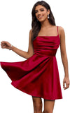 Satin Homecoming Kleider Kurze Spaghettiträger Ballkleid Wasserfallausschnitt A-Linie Cocktail Party Kleider Minikleid 