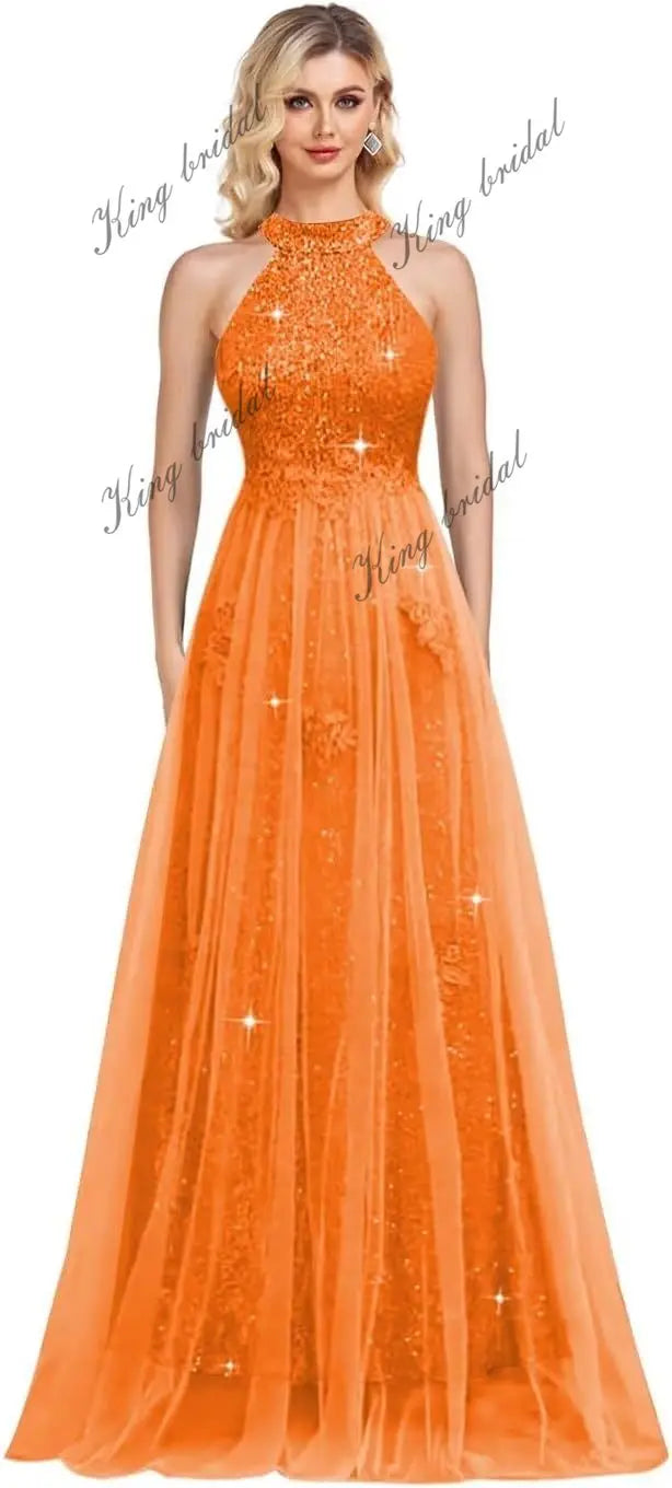 Vestidos de fiesta de lentejuelas con cuello halter y flores, hechos a medida, 2025, de tul brillante, corte A, para boda, fiesta formal de noche 