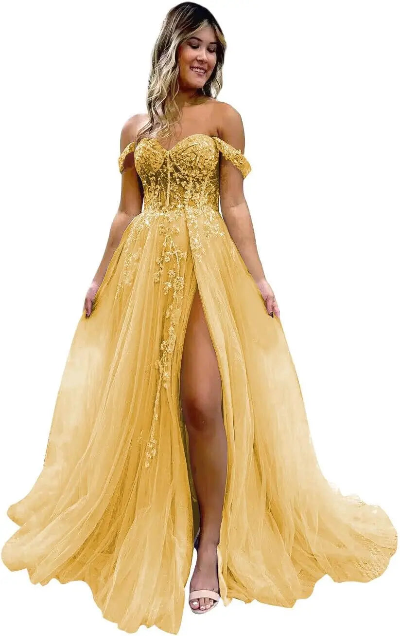 Vestido de fiesta de tul con hombros descubiertos, abertura, apliques de encaje brillante, corsé, vestido formal de fiesta de noche, vestidos de fiesta para mujer, noche 