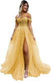 Vestido de fiesta de tul con hombros descubiertos, abertura, apliques de encaje brillante, corsé, vestido formal de fiesta de noche, vestidos de fiesta para mujer, noche 