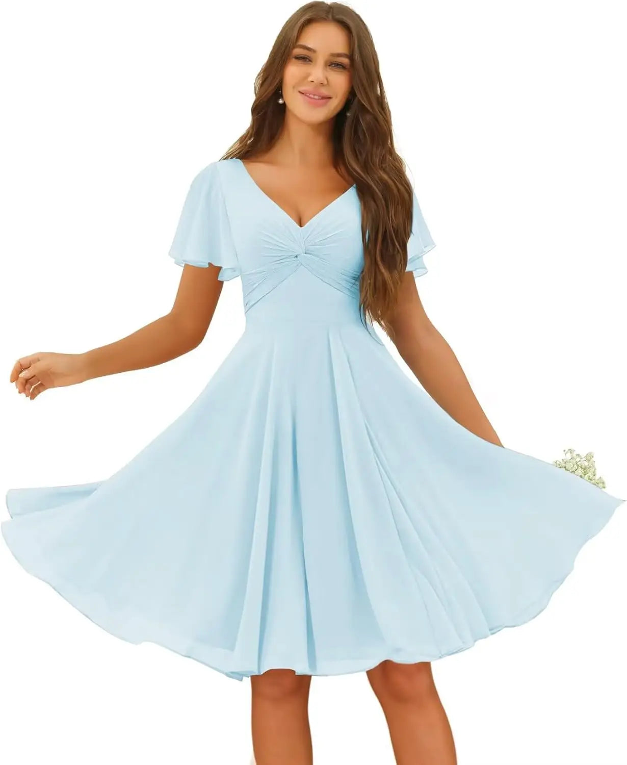 Women's Pleated Chiffon Flutter Sleeves Junior Bridesmaid Dresses with Pockets V Neck Short Formal Dress Wedding Party Gowns