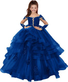 Custom made Princess Long Sleeve Flower Girl Dresses Appliques Ruffles Tulle Pageant Dresses for Girls Kids Party Ball Gowns