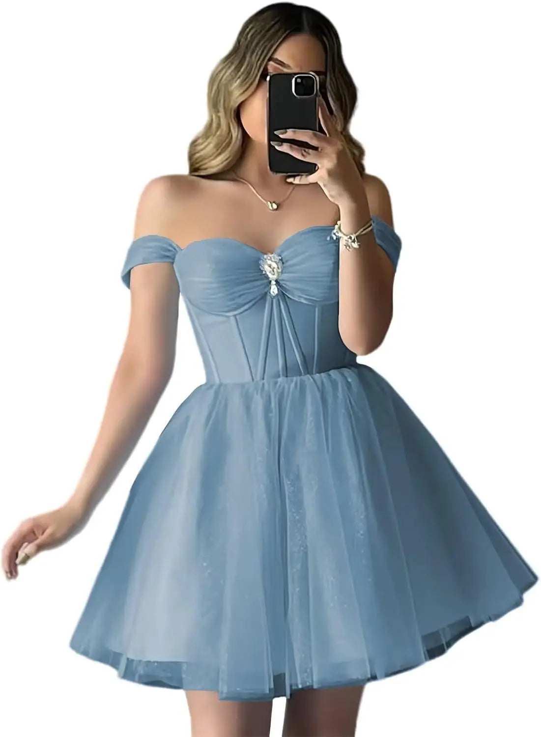 Vestidos de fiesta de tul brillante con hombros descubiertos, vestidos de fiesta cortos para adolescentes, vestido de cóctel de corte A con escote en forma de corazón y vuelo. 