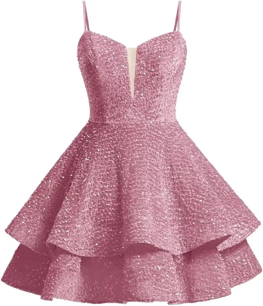 Vestidos de fiesta cortos con lentejuelas brillantes para adolescentes, de Pretty Girls Club, 2025, con tirantes finos, minivestido de cóctel formal con capas 