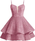 Vestidos de fiesta cortos con lentejuelas brillantes para adolescentes, de Pretty Girls Club, 2025, con tirantes finos, minivestido de cóctel formal con capas 