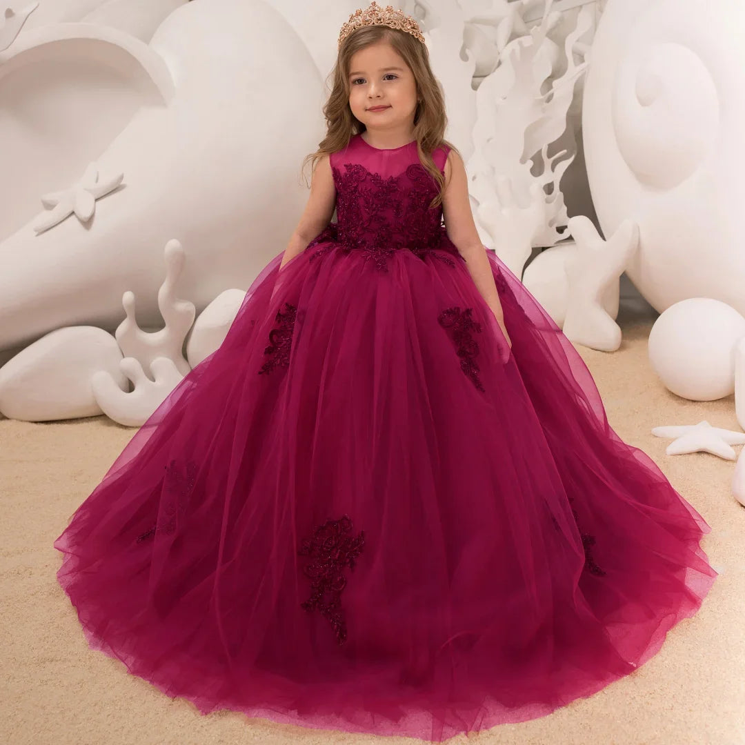 Burgundy Tulle Puffy Floral Appliques Sleeveless For Wedding Party Birthday Banquet Princess Gown Customized Flower Girl Dresse
