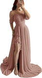 Elegantes schulterfreies Chiffon-Ballkleid für Brautjungfern mit Schlitz, lang, A-Linie, plissierte Rüschen, formelles Abendkleid für Damen 