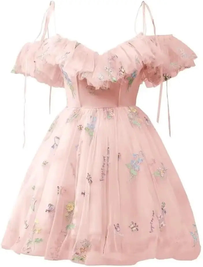 Blumenstickerei Tüll Kurze Heimkehrkleider für Teenager Mini Fee V-Ausschnitt Formales Abschlussball-Cocktailpartykleid 2025 
