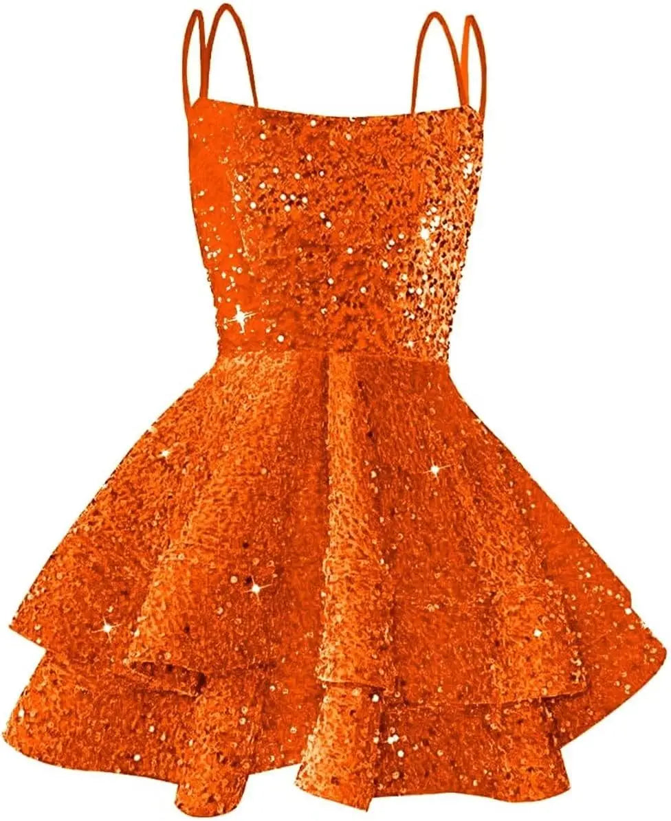 Hübsches, funkelndes Pailletten-Heimkehrkleid für Teenager, kurzes, gestuftes Ballkleid mit quadratischem Ausschnitt und A-Linie, Cocktail-Club-Partykleid 