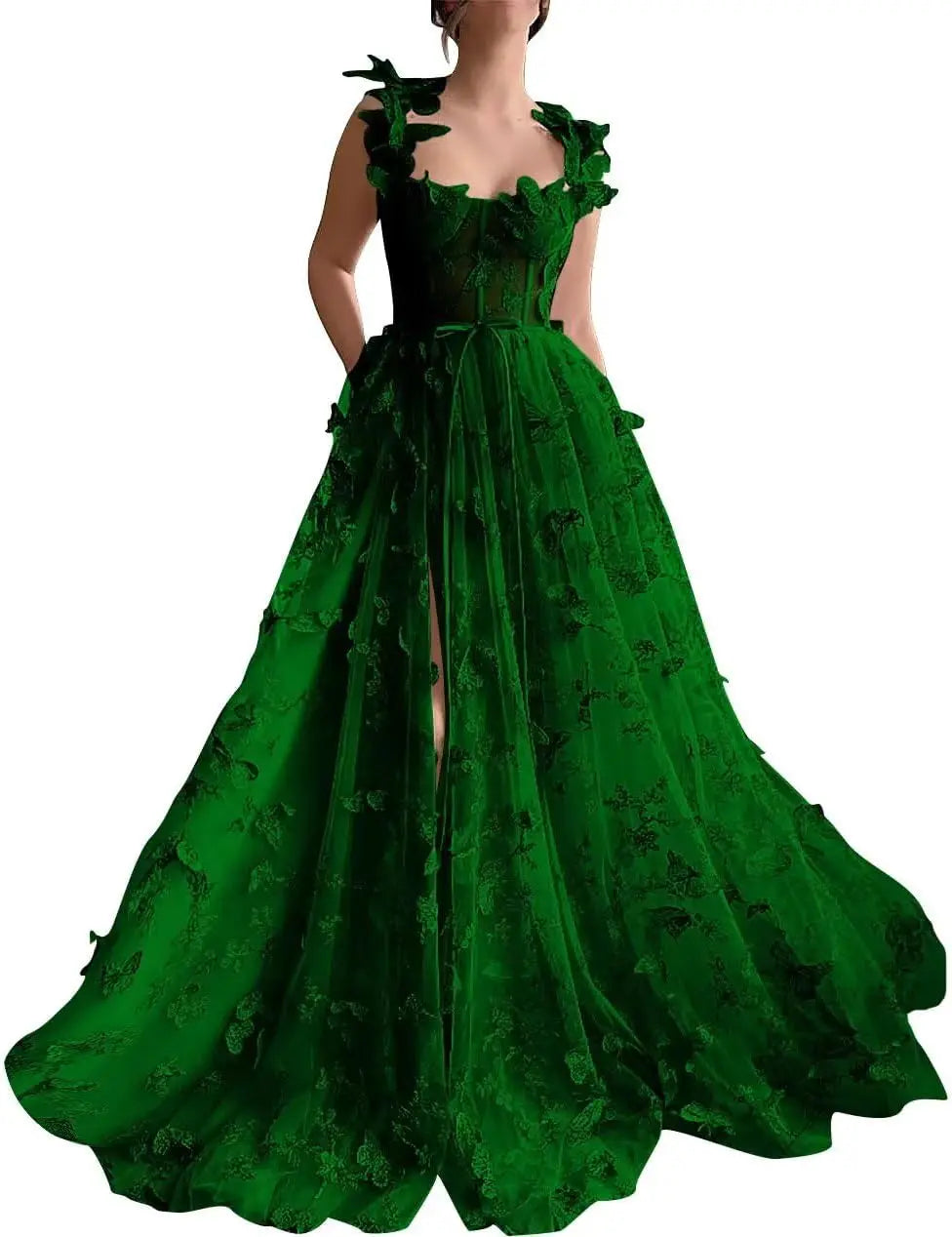 Women's 3D Butterfly Prom Dresses Tulle Ball Gown Fairy Corset Long Slit Lace Applique Formal Evening Dress party dresses