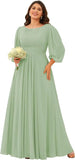 Chiffon Long Sleeves Bridesmaid Dresses Scoop Neck Pleated A Line Long Formal Dresses for Women Plus Size wedding guest dress