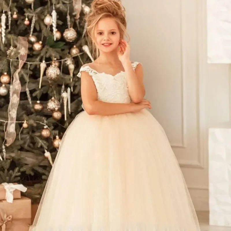 Apliques de tul blanco marfil con lazo, sin mangas, para bodas, cumpleaños, banquetes, vestidos de princesa, vestidos para niñas de las flores 