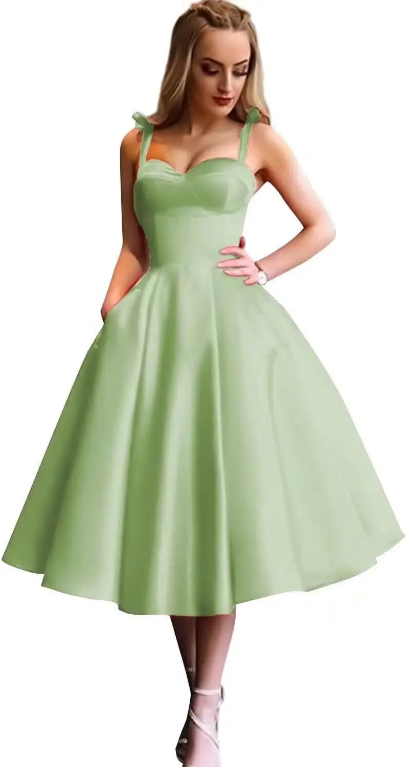 Damen Spaghettiträger Kurzes Satin Ballkleid Homecoming Kleid Sweetheart A-Linie Ballkleid Cocktailkleid mit Tasche 