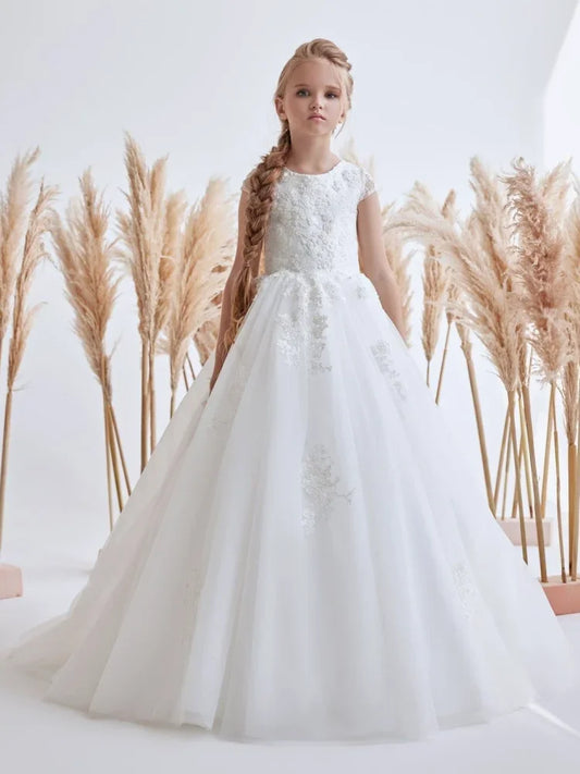 Vestidos de comunión para banquetes de cumpleaños, vestidos de niña de las flores de tul blanco con apliques florales y cola, sin mangas para boda 