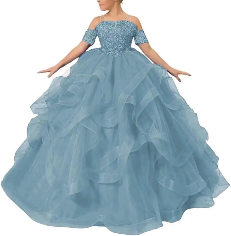 Vestidos de desfile de princesas para niñas de flores 2026 con encaje bordado, tallas grandes, tul en capas, vestidos de primera comunión para niñas. 