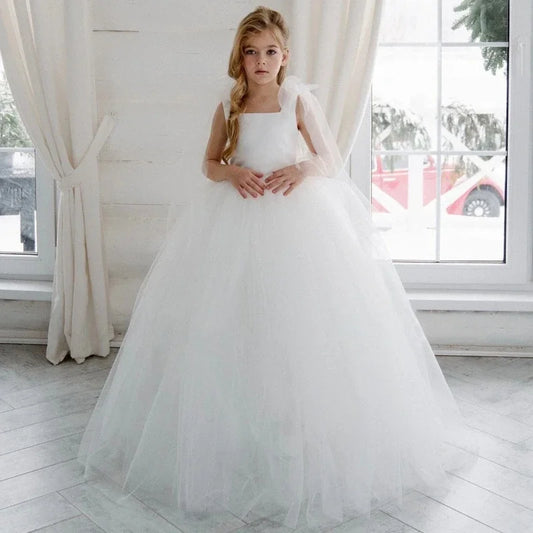 Vestido de niña de las flores personalizado, de tul blanco con lazo, sin mangas, para fiesta de cumpleaños, banquete, comunión, boda 
