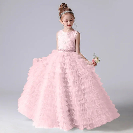 Gray Tulle Appliques Tiered Long Skirt Sleeveless For Wedding Birthday Party Banquet Princess Gowns Flower Girl Dresses