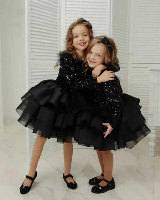 Vestido de princesa con plumas y lentejuelas hasta la rodilla para niña, fiesta de cumpleaños, preciosos vestidos de primera comunión con flores negras para boda. 