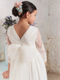 Weiße Satin-Spitzenapplikationen mit Schleife, 3/4-Ärmel für Hochzeit, Geburtstag, Party, Bankett, Prinzessinnenkleider, Blumenmädchenkleider 
