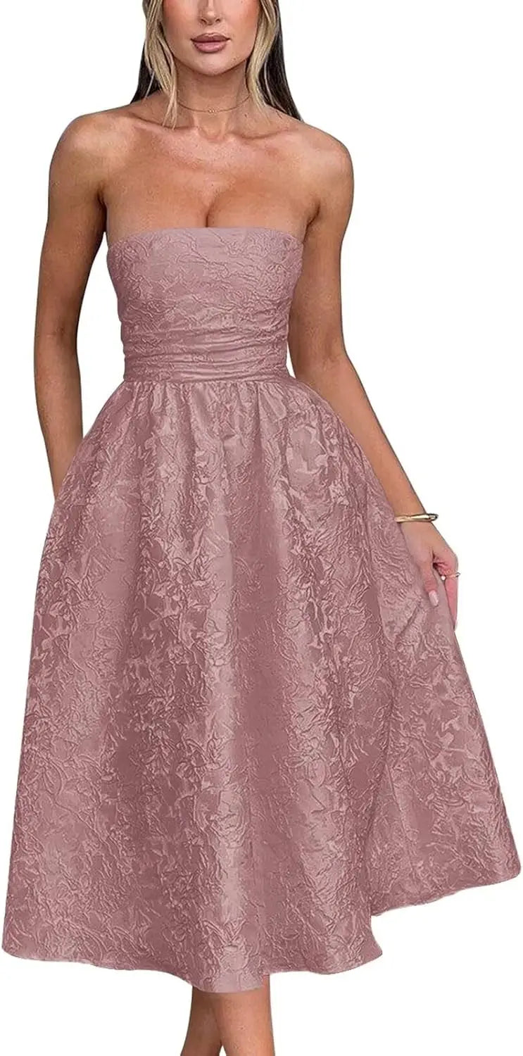 Vestido de fiesta de satén jacquard floral, largo hasta la rodilla, corte A, sin tirantes, con corsé, para dama de honor, para fiesta de noche formal 