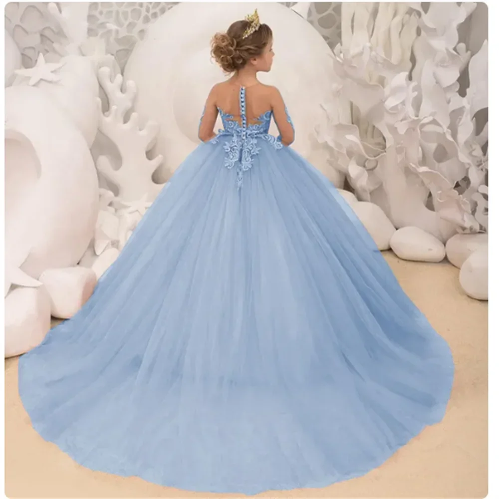 Vestido de princesa con mangas largas y apliques para bodas, de 2 a 14 años, personalizado, sencillo, para niñas de las flores. 
