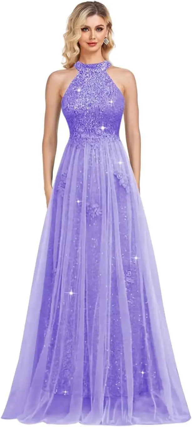 Vestidos de fiesta de lentejuelas con cuello halter y flores, hechos a medida, 2025, de tul brillante, corte A, para boda, fiesta formal de noche 