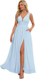 Vestidos de dama de honor con abertura y escote en V, vestidos de fiesta, línea A, plisados, para invitada de boda con bolsillos 