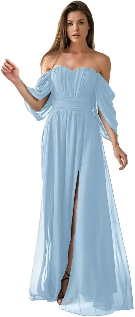 Vestido de dama de honor de talla grande con hombros descubiertos, de gasa, formal, con abertura, elegante, para invitada de boda 