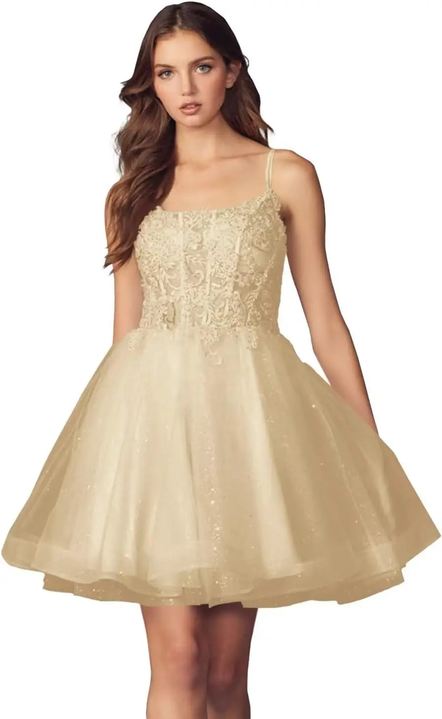 Kurzes Homecoming-Kleid mit Spitzenapplikationen aus Tüll für Teenager mit Spaghettiträgern, Cocktail-, Abschlussball- und Partykleider 