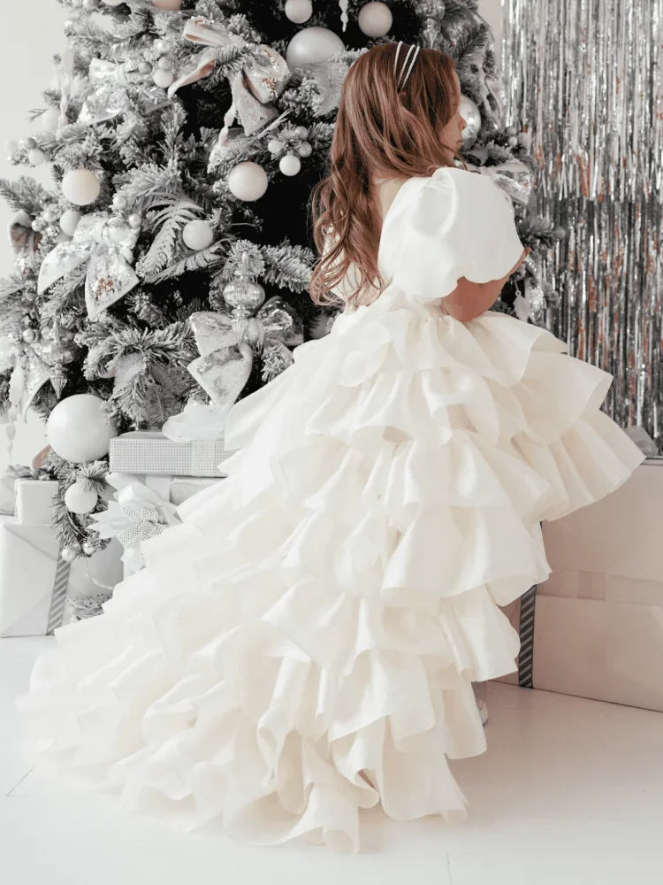 Beige Tiered With Bow And Tailing Short Sleeve For Wedding Birthday Party Holy Communion Gowns Customized Flower Girl Dresses