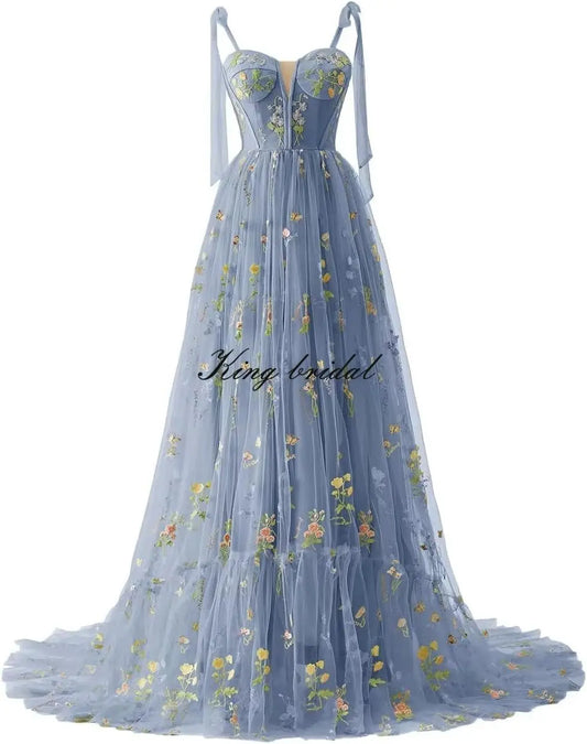 Women's Flower Embroidery Tulle Prom Dresses Corset Long Spaghetti Strap Fairy Ruched Formal Evening Party Gowns Bridesmaid Gown