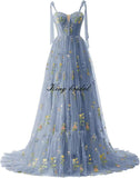 Women's Flower Embroidery Tulle Prom Dresses Corset Long Spaghetti Strap Fairy Ruched Formal Evening Party Gowns Bridesmaid Gown
