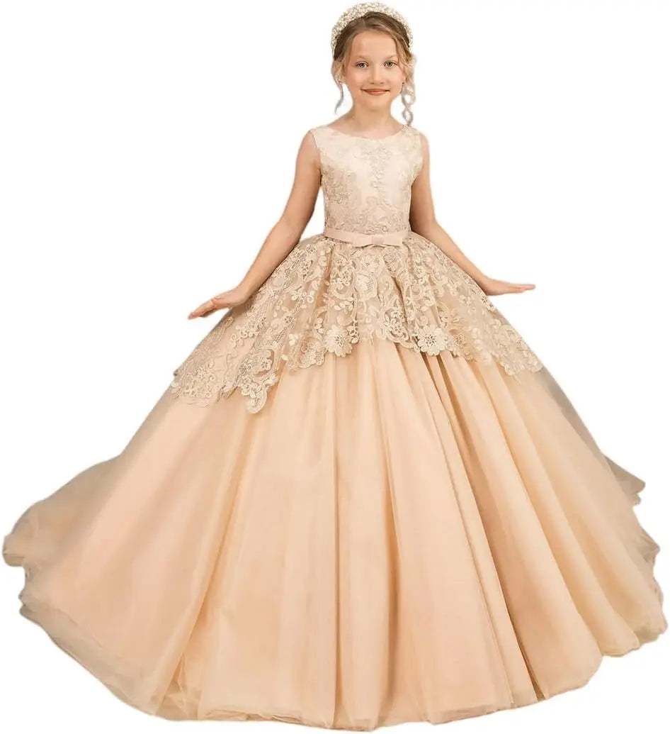 Tüll-Blumenmädchenkleid für Hochzeit, Spitzenapplikationen, bestickt, Prinzessin, Kinderfestzug, Geburtstagsparty, Festzugskleider für Mädchen 