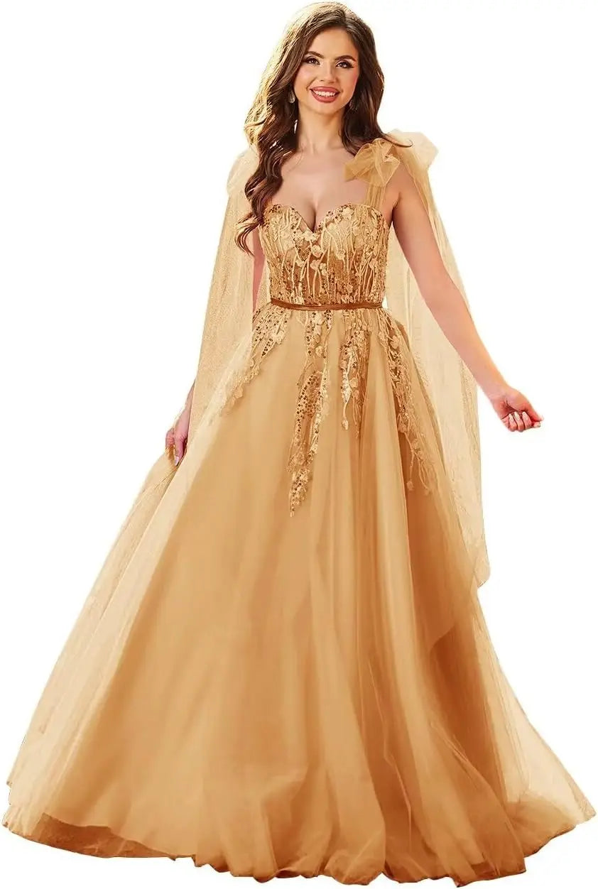 Vestidos de fiesta de tul con apliques de encaje para mujer, tirantes finos ajustables, vestidos de gala largos de corte A, vestidos de noche, vestidos de fiesta 