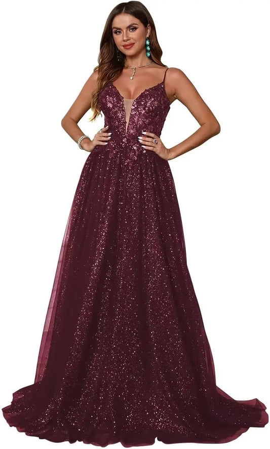 Vestidos de fiesta de tul brillante para mujer, tirantes finos, escote en V profundo, apliques de encaje, vestidos de noche largos de corte A 