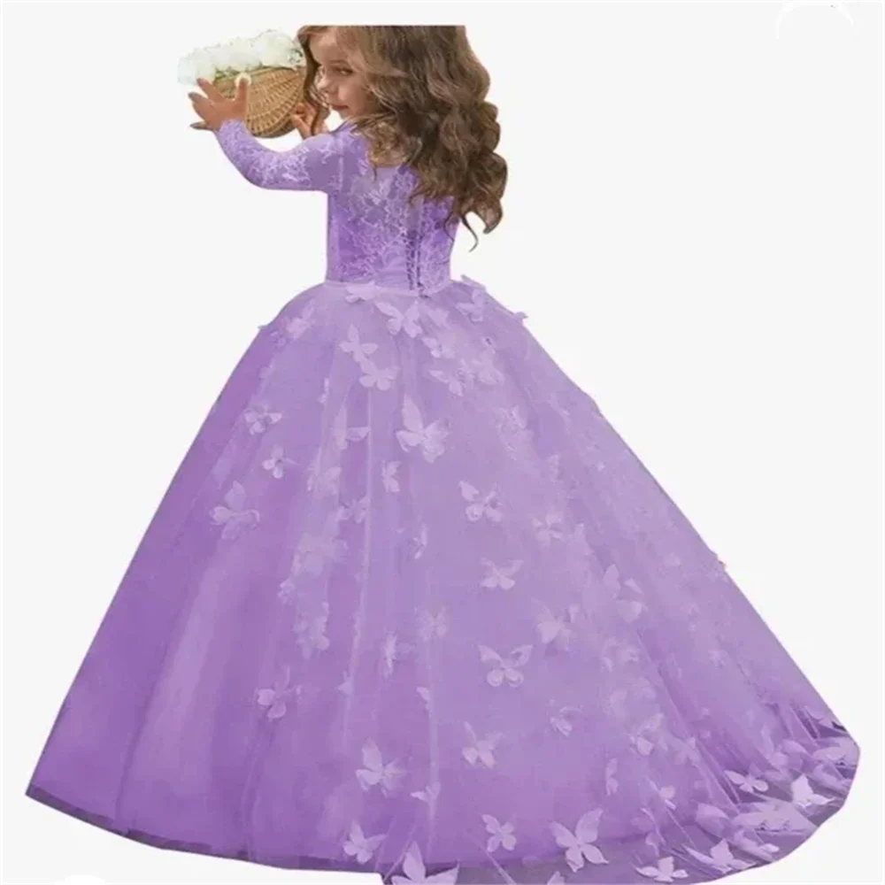 Butterfly Lace Appliques Long Sleeve Flower Girl Dress for Wedding Birthday Ball Gown First Holy Communion Celebration Dresses