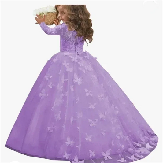 Blumenmädchenkleid mit Schmetterlings-Spitzenapplikationen, langärmelig, für Hochzeit, Geburtstag, Ballkleid, Erstkommunion, Festkleider 