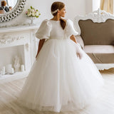 Weiße Perlen mit Schleife, kurze Ärmel, für Hochzeit, Geburtstag, Party, Heilige Kommunion, Bankett, Prinzessinnenkleid, individuelles Blumenmädchenkleid 