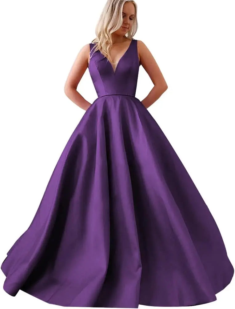 Satin A Line Wedding Dresses for Bride V Neck Prom Dresses with Pockets Simple Long Ball Gowns