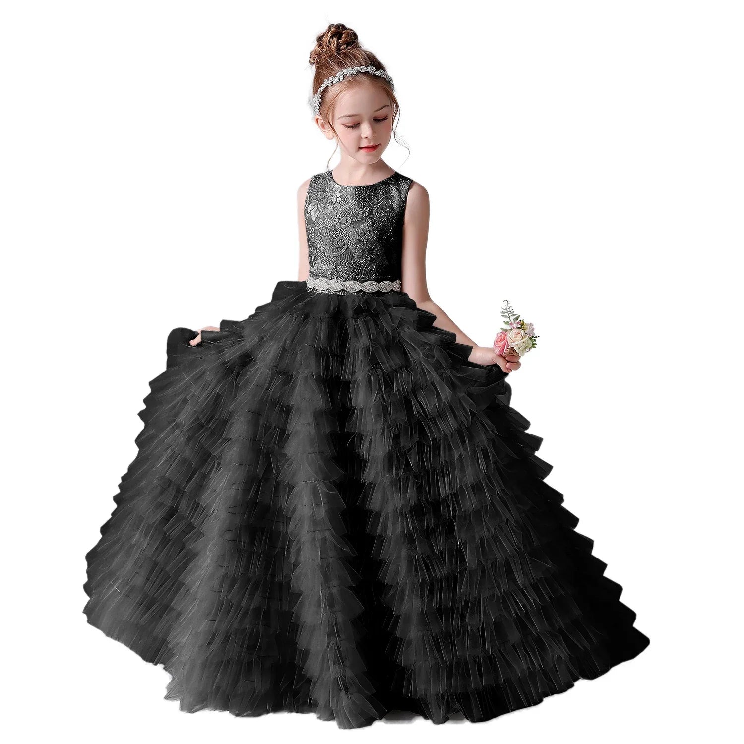 Gray Tulle Appliques Tiered Long Skirt Sleeveless For Wedding Birthday Party Banquet Princess Gowns Flower Girl Dresses