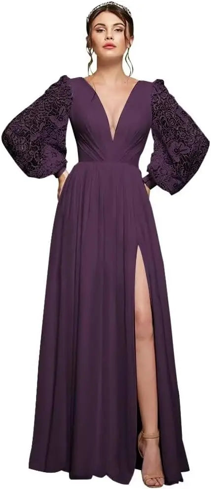 Langärmliges Brautjungfernkleid, Chiffon, Ballkleid, langes Hochzeitskleid mit Spitzenapplikation, V-Ausschnitt, formelle Kleider mit Schlitz 